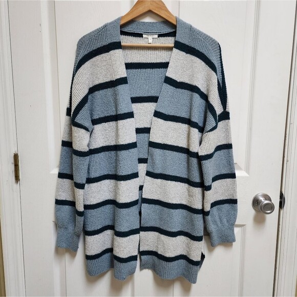 Maurices Cardigan Sweater Womens L Blue Gray Striped Open Front Casual Soft - Picture 1 of 8